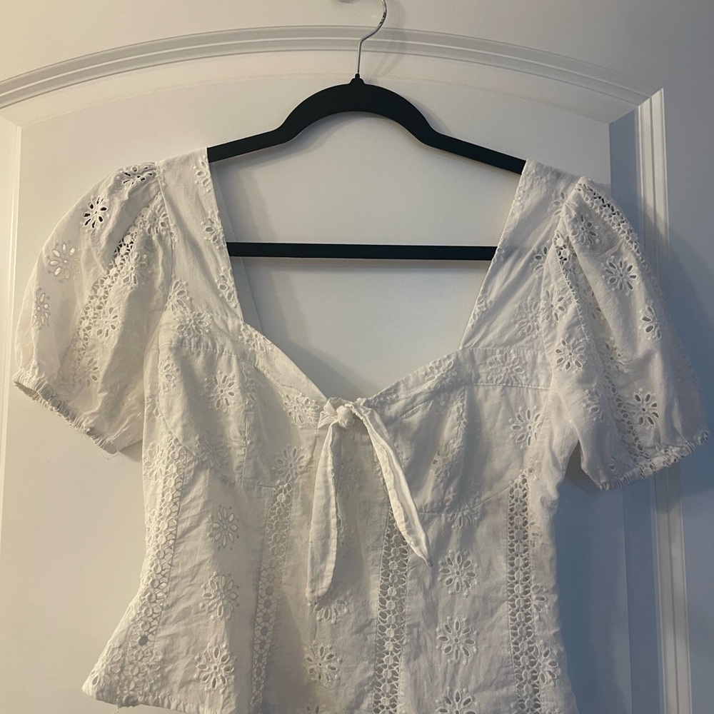 White Eyelet Tie-Front Top
